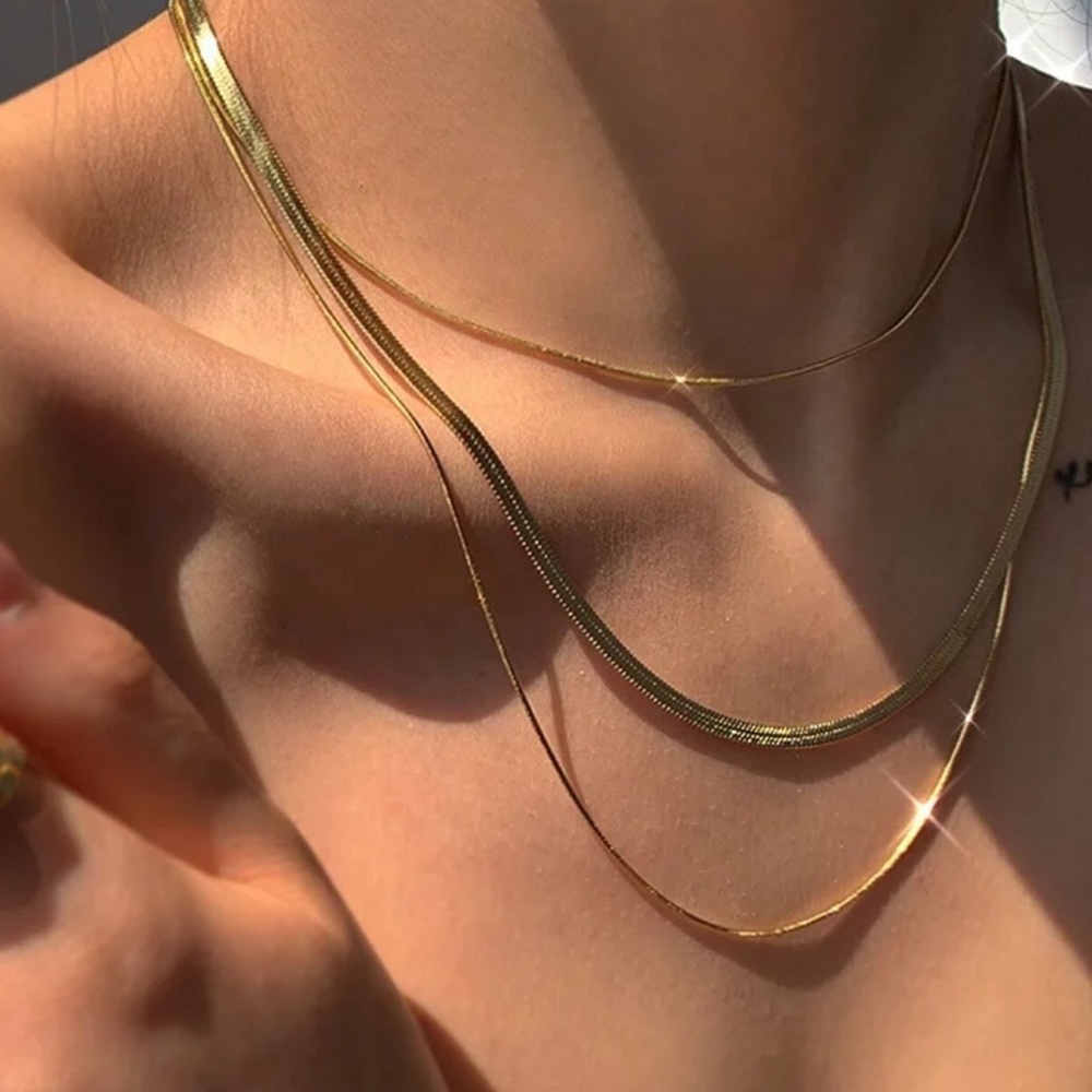 New 18K Gold Three Layers Snake Bone Chain Necklace, nice Necklace,cute Necklace